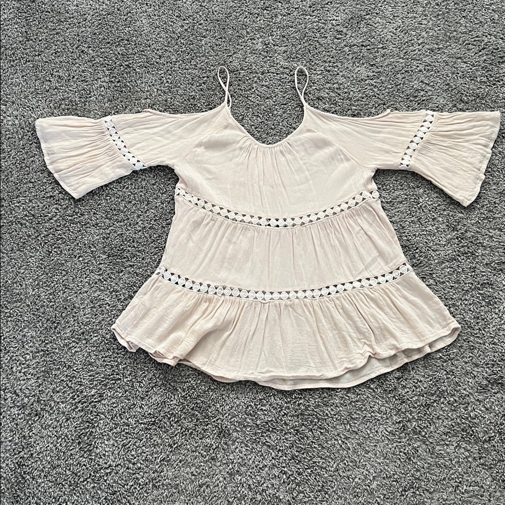 Have Junior’s Flowy Cream Boho Blouse Off-the-Shoulder Spaghetti Straps - Size S - Picture 5 of 9